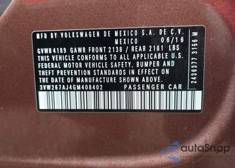 2016 Volkswagen Jetta 1.4T S from USA, damaged, VIN 3VW267AJ4GM408402